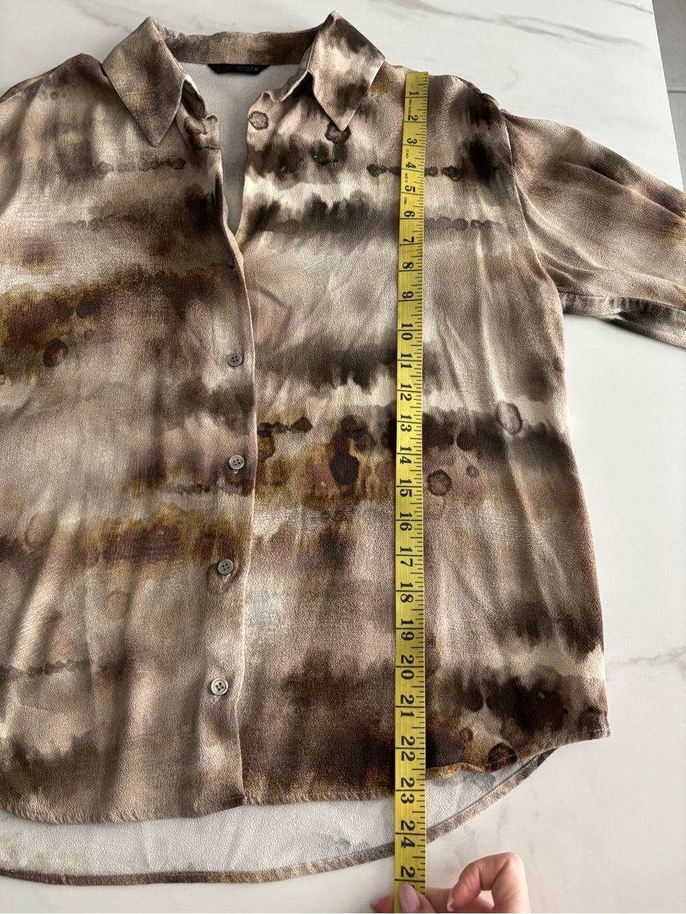 Zara Taupe Tie-Dye Button-Up Shirt viscose Erthy Natural Sz S oversized - Picture 7 of 9